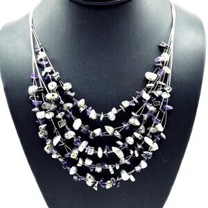 Multi-Strand Wire Floating Amethyst Quartz Hematite Gemstone Nugget Necklace 925